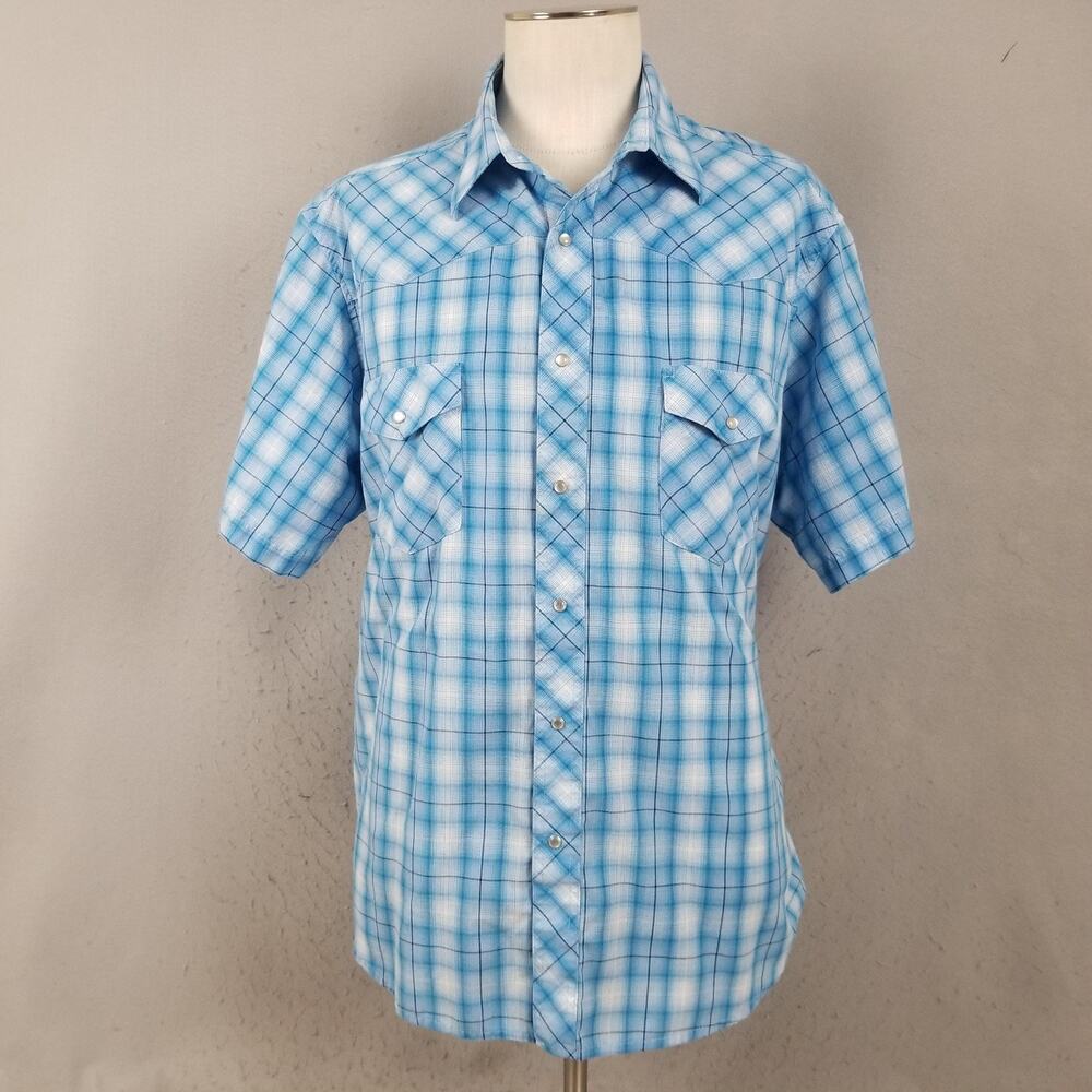 Wrangler Shirt Mens 2XL Big Blue Plaid Western Pearl Snap Short Sleeve Casual